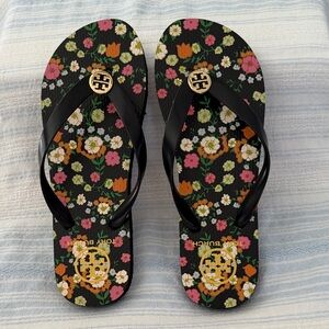 Tory Burch Black Floral flip flops